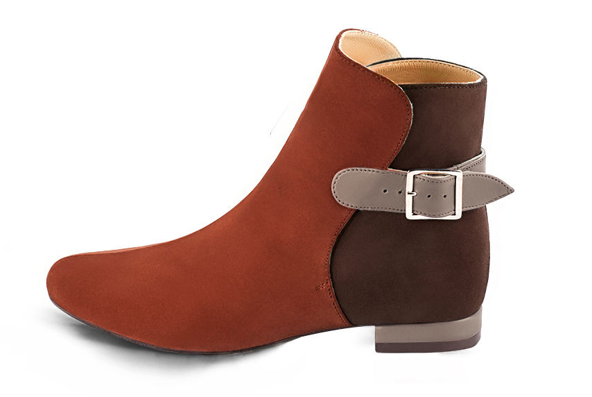 Terracotta orange, dark brown and bronze beige women's ankle boots with buckles at the back. Round toe. Flat block heels. Profile view - Florence KOOIJMAN